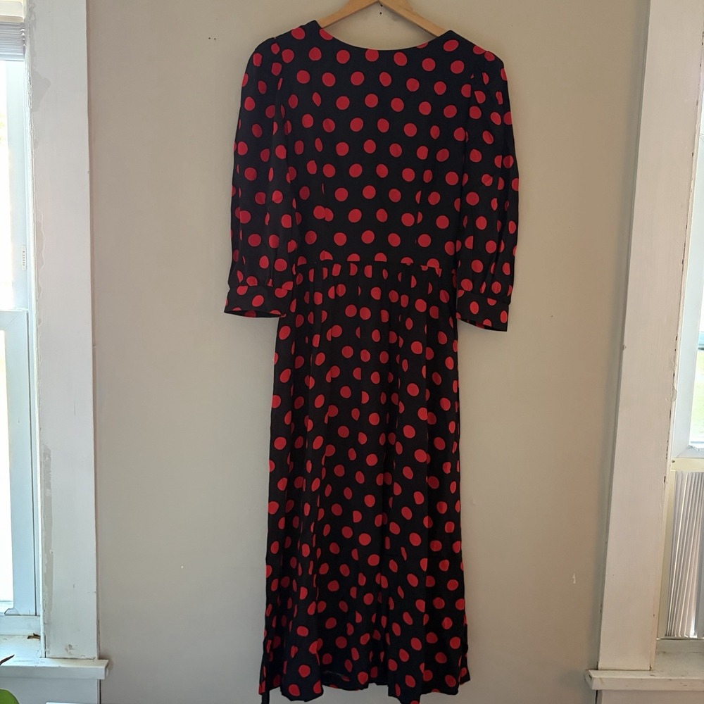 VTG Lanz Womens Polka Dot Midi Maxi Dress Size 8 Black Red Pinup 50s USA Bow